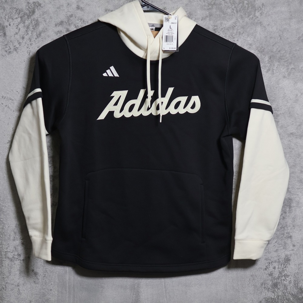 Adidas Hoodie Mens Large Black Cream White Baseball Dugout Pullover JM4237